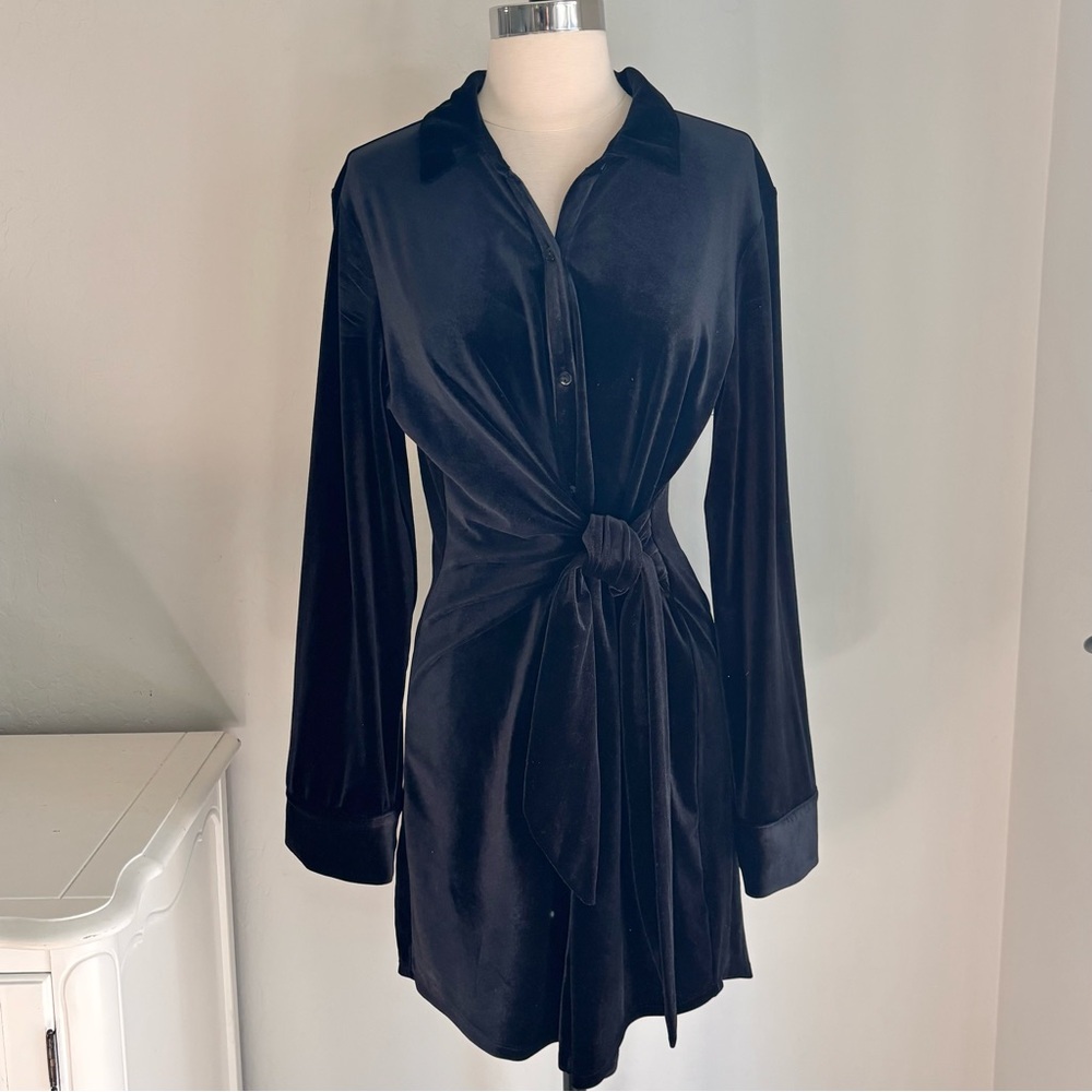 ZSupply Dallon Stretch Velvet Tie Front Collar
Button Down Mini Dress, Black, L